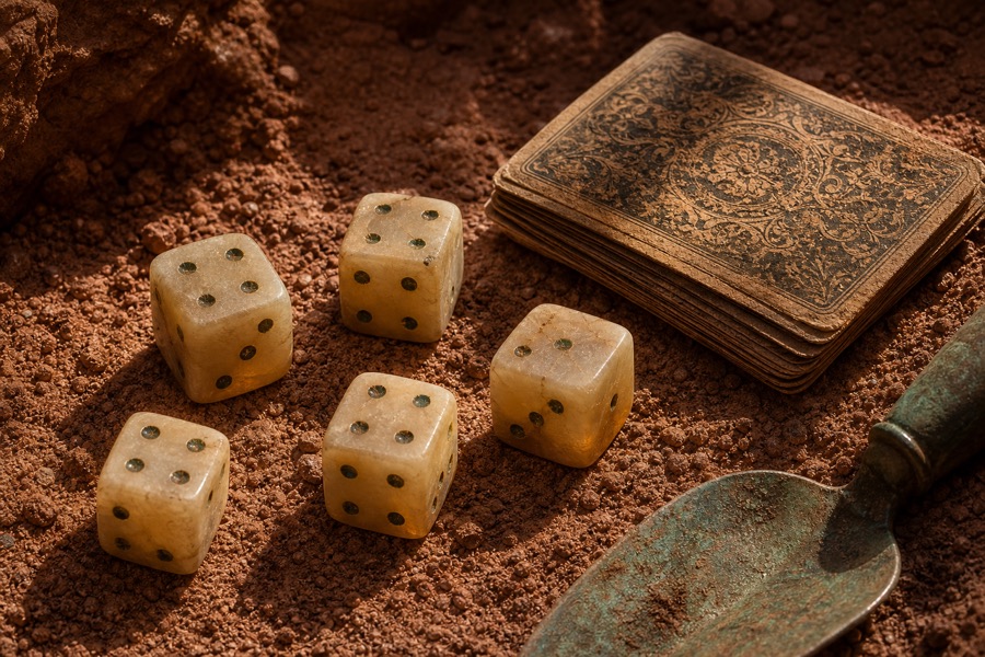 Cinque dadi in alabastro e un mazzo di carte da gioco coperte appena liberati dalla terra rossa di uno scavo, accanto a una cazzuola in rame ossidato.